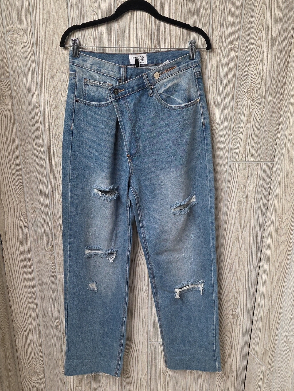 Insane Gene Asymmetrical Criss Cross Waistband Distressed Jeans Womens 7/27